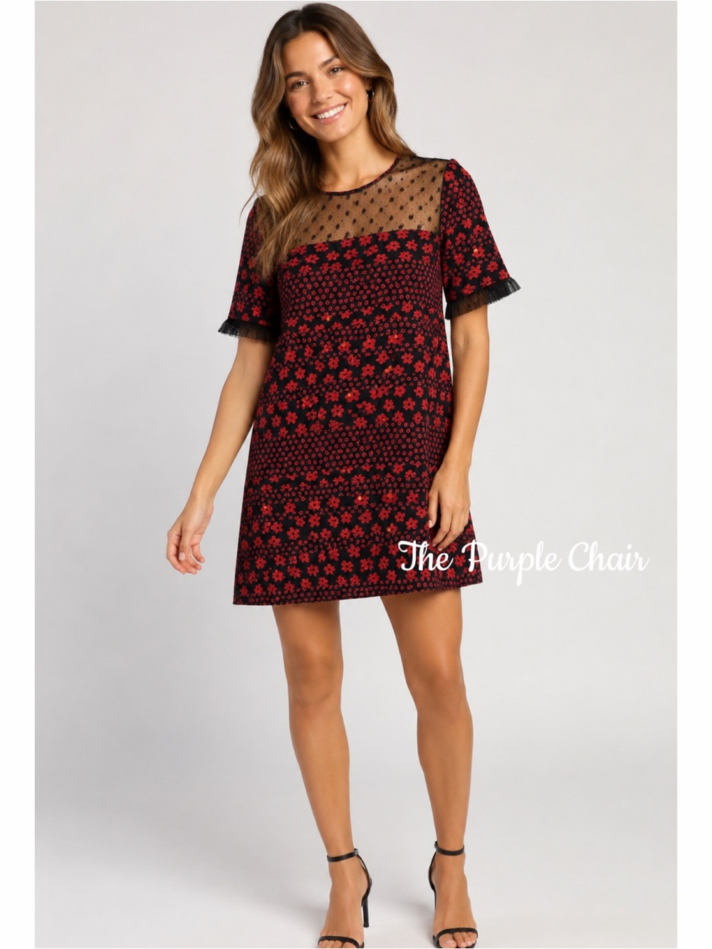 BCBGENERATION NWOT Red/Black Floral Mixed Media Shift Dress M